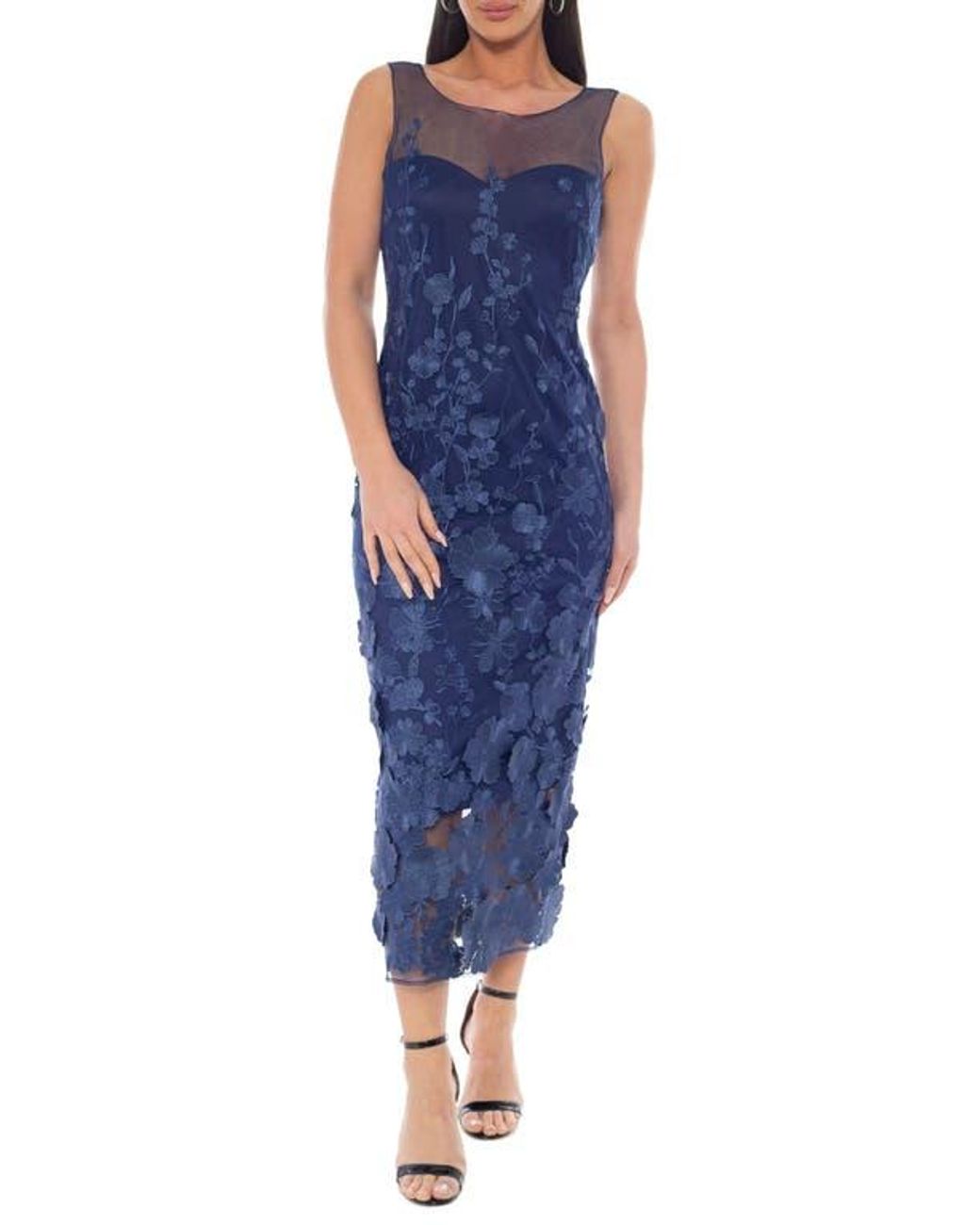 Marina Floral Embroidered Sleeveless Midi Dress in Blue | Lyst