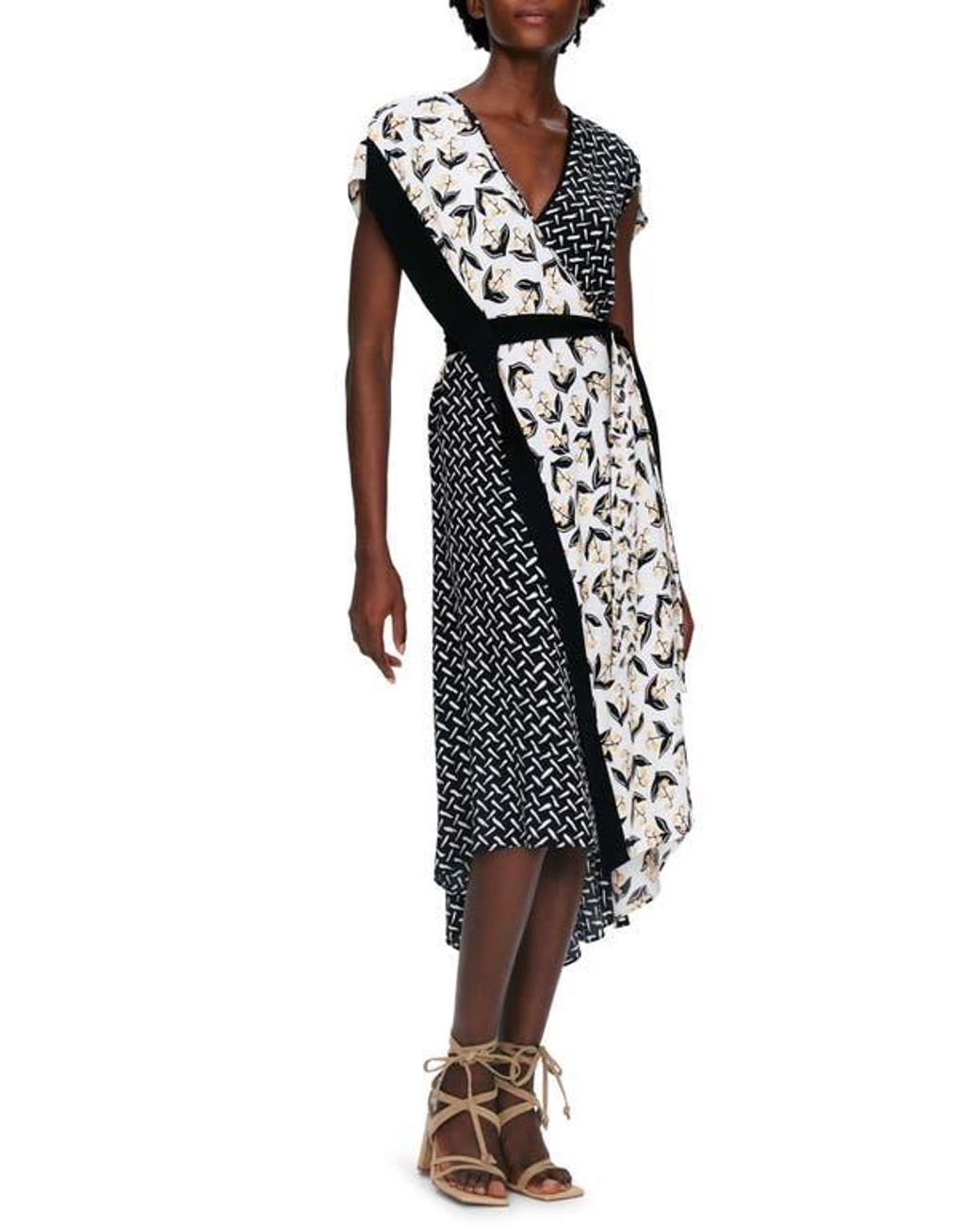 Diane von Furstenberg Black Ellen Mixed Print Asymmetric Hem Wrap Dress