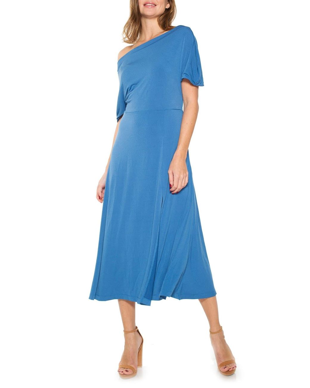 Alexia Admor Kaelyn Draped One Shoulder Floral Midi Dress in Denim Blue ...
