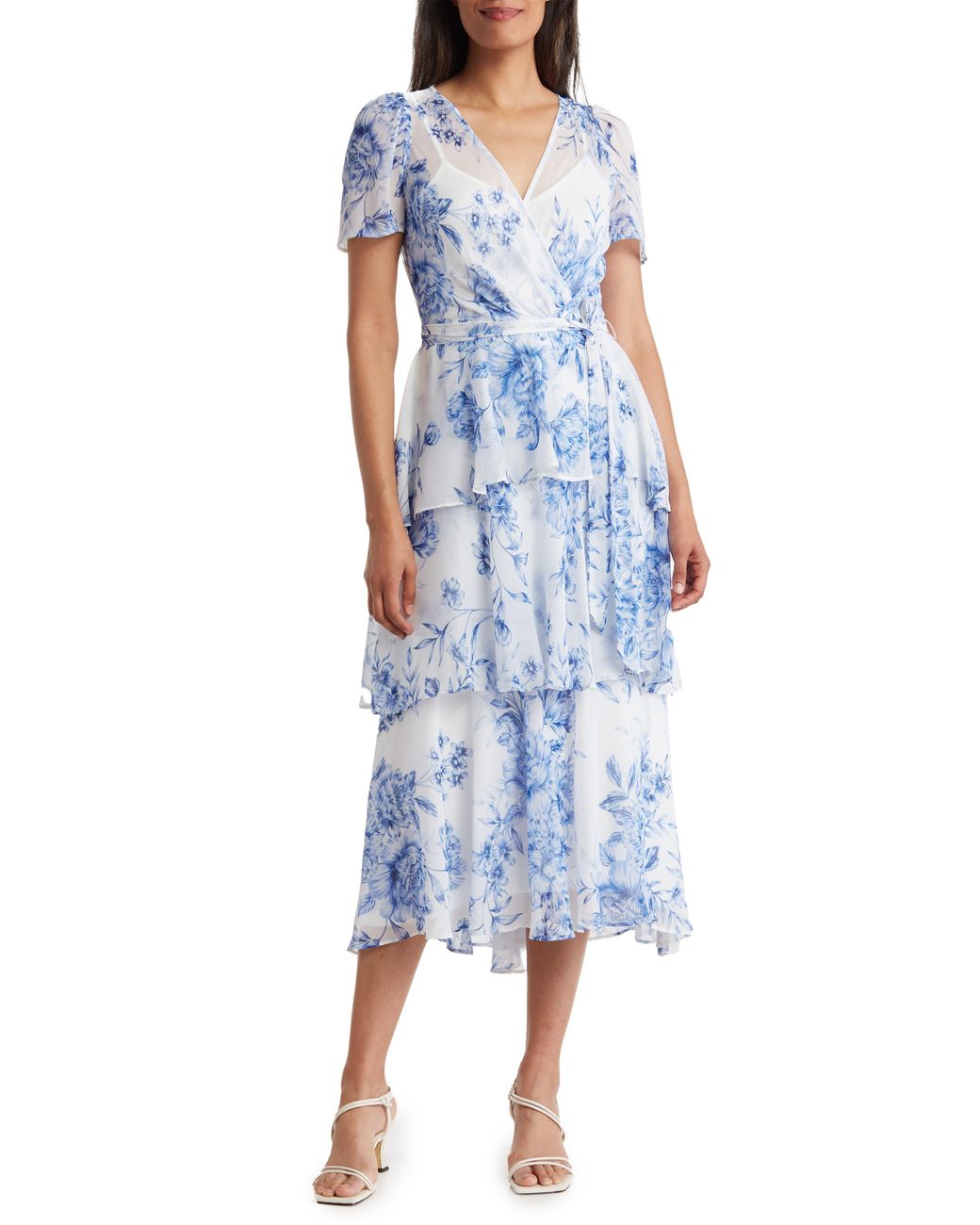 Calvin Klein Floral Short Sleeve Tiered Chiffon Maxi Dress in Blue | Lyst