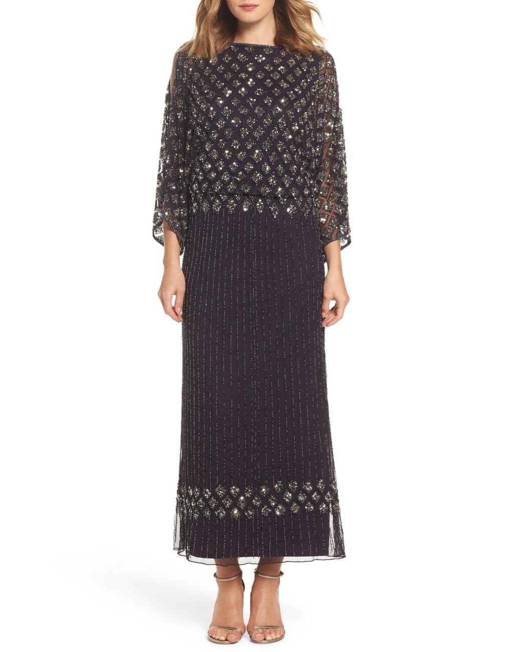 Pisarro Nights Diamond Motif Mesh Blouson Gown Lyst