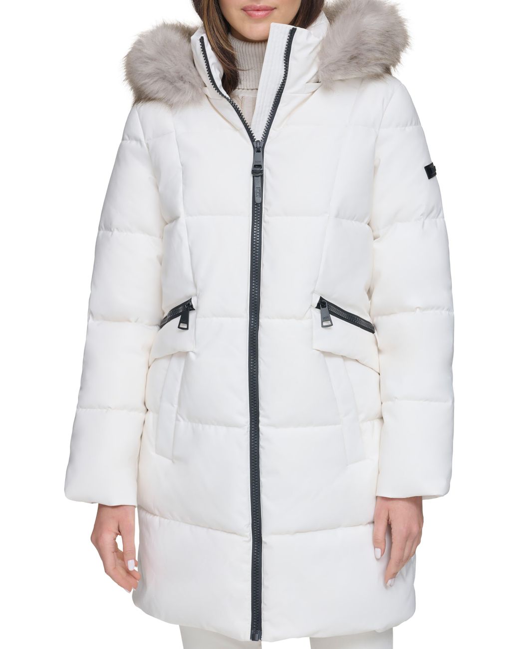 DKNY Puffer Jacket With Faux Fur Hood in White | Lyst