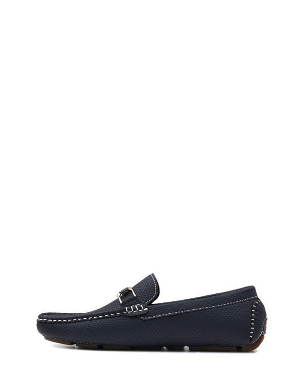 Aston Marc Blue Navy Textured Faux Leather Moc-Toe Loafers for men
