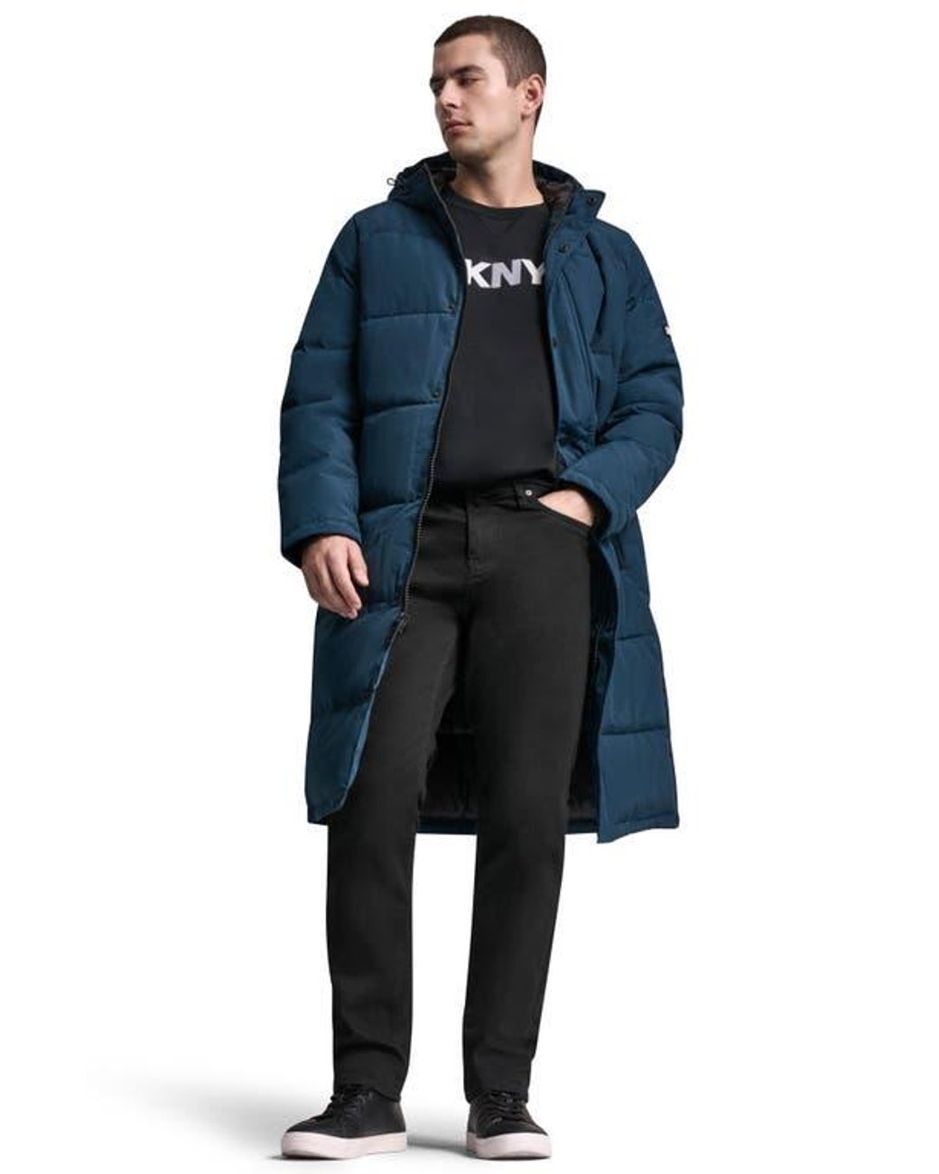 DKNY Blue Zip Front Longline Puffer for men