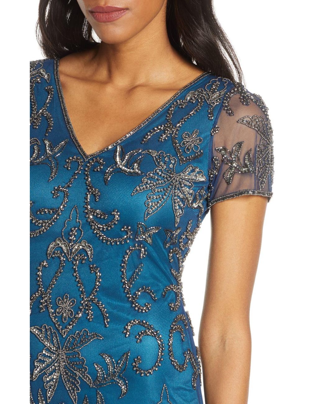 Pisarro nights v sales neck beaded gown