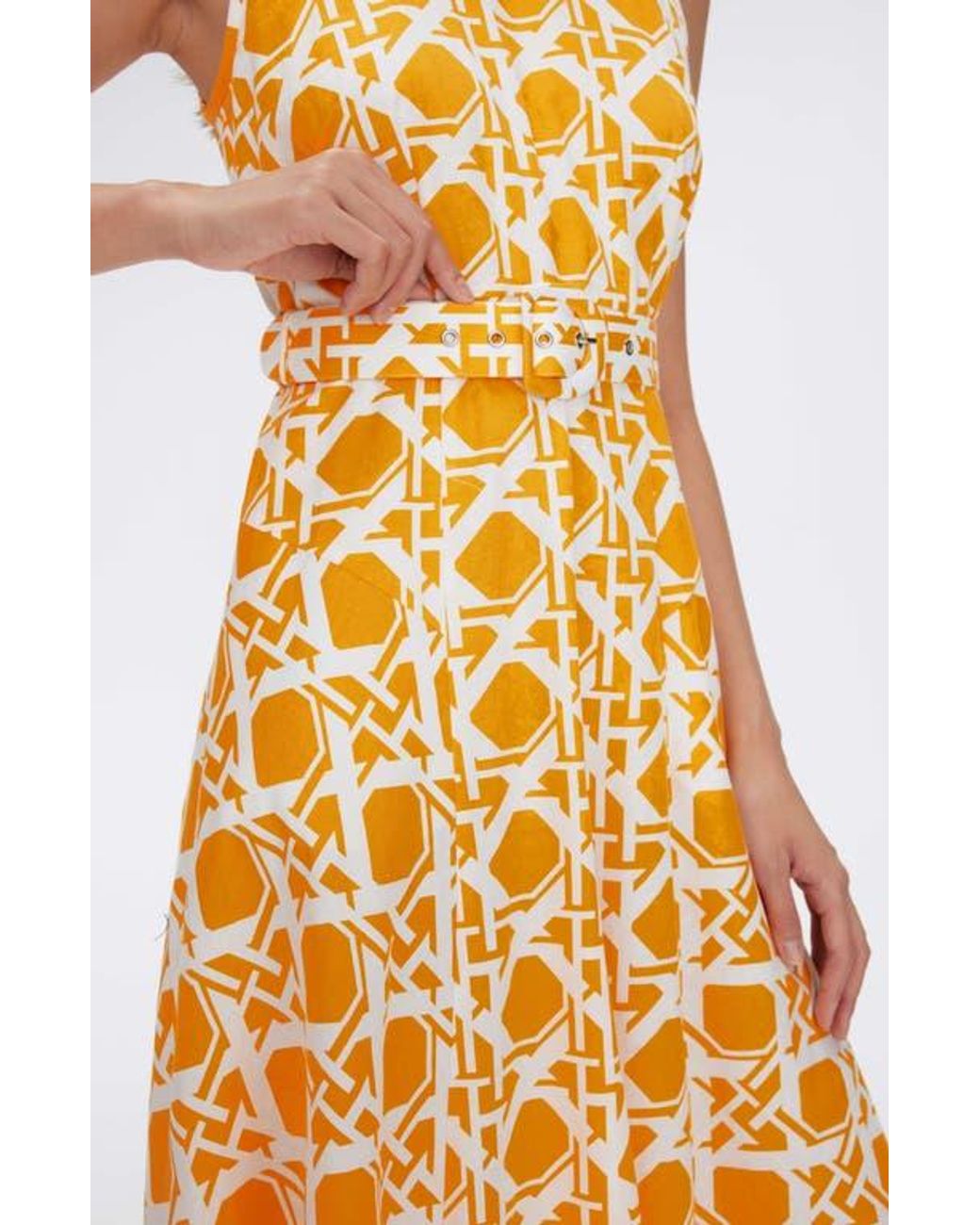 Diane von Furstenberg Yellow Elliot Geometric Print Belted Midi Dress