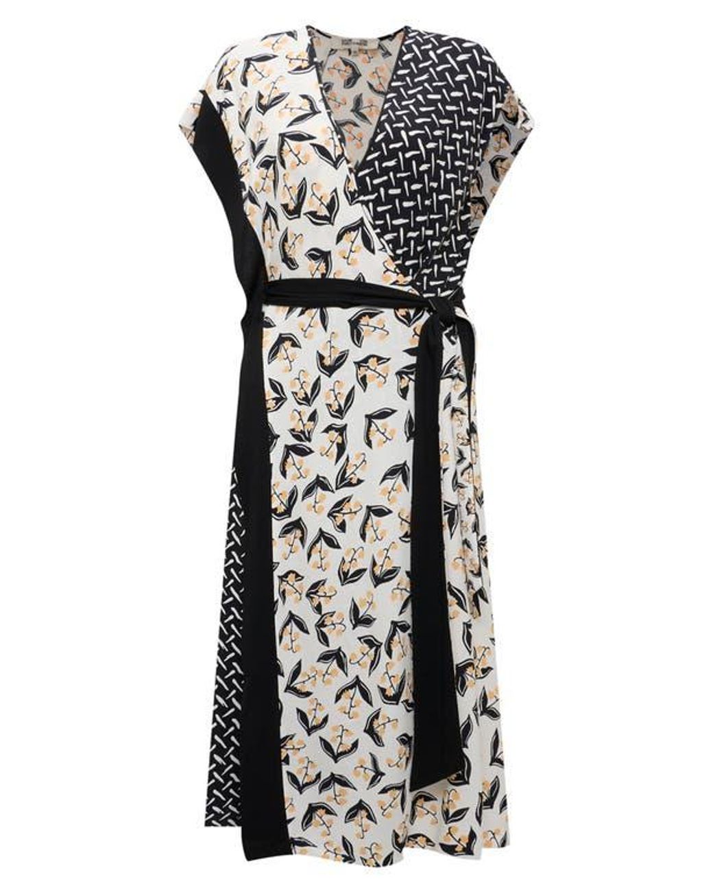 Diane von Furstenberg Black Ellen Mixed Print Asymmetric Hem Wrap Dress