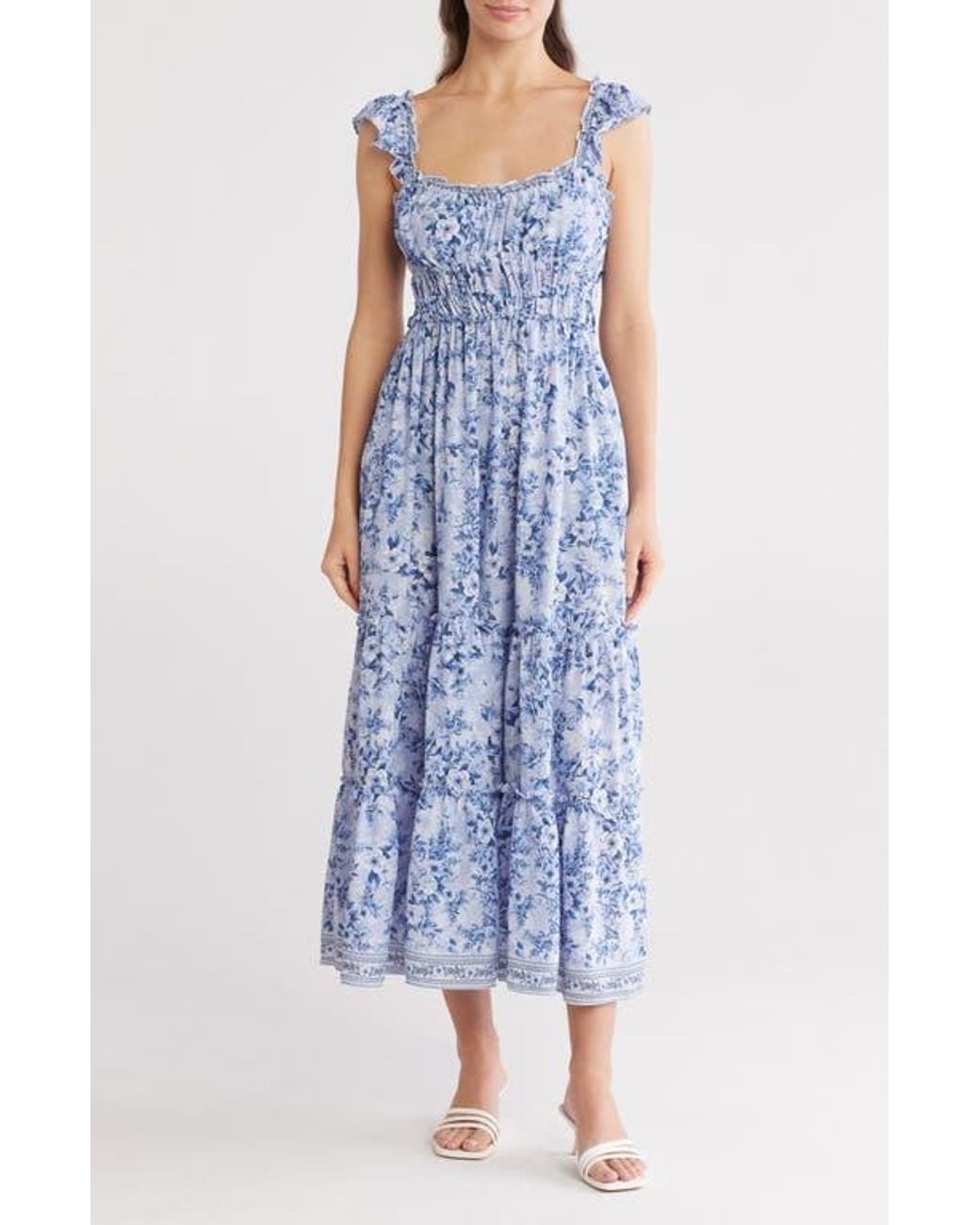 Max Studio Ruffle Cap Sleeve Tiered Maxi Dress in Blue | Lyst