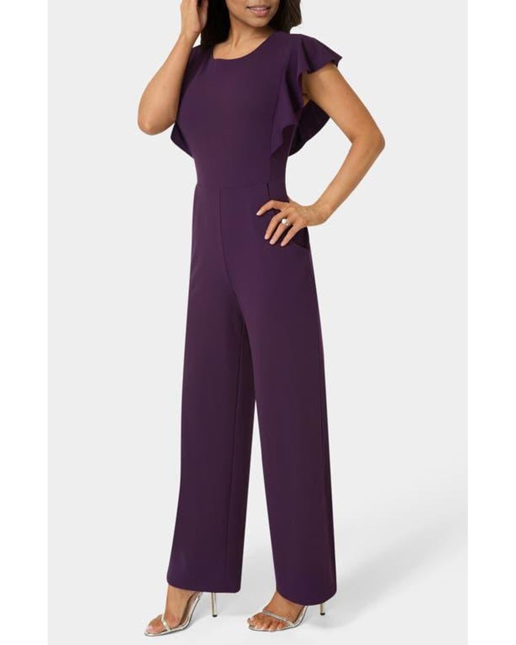 Bebe Purple Ruffle Scuba Jumpsuit