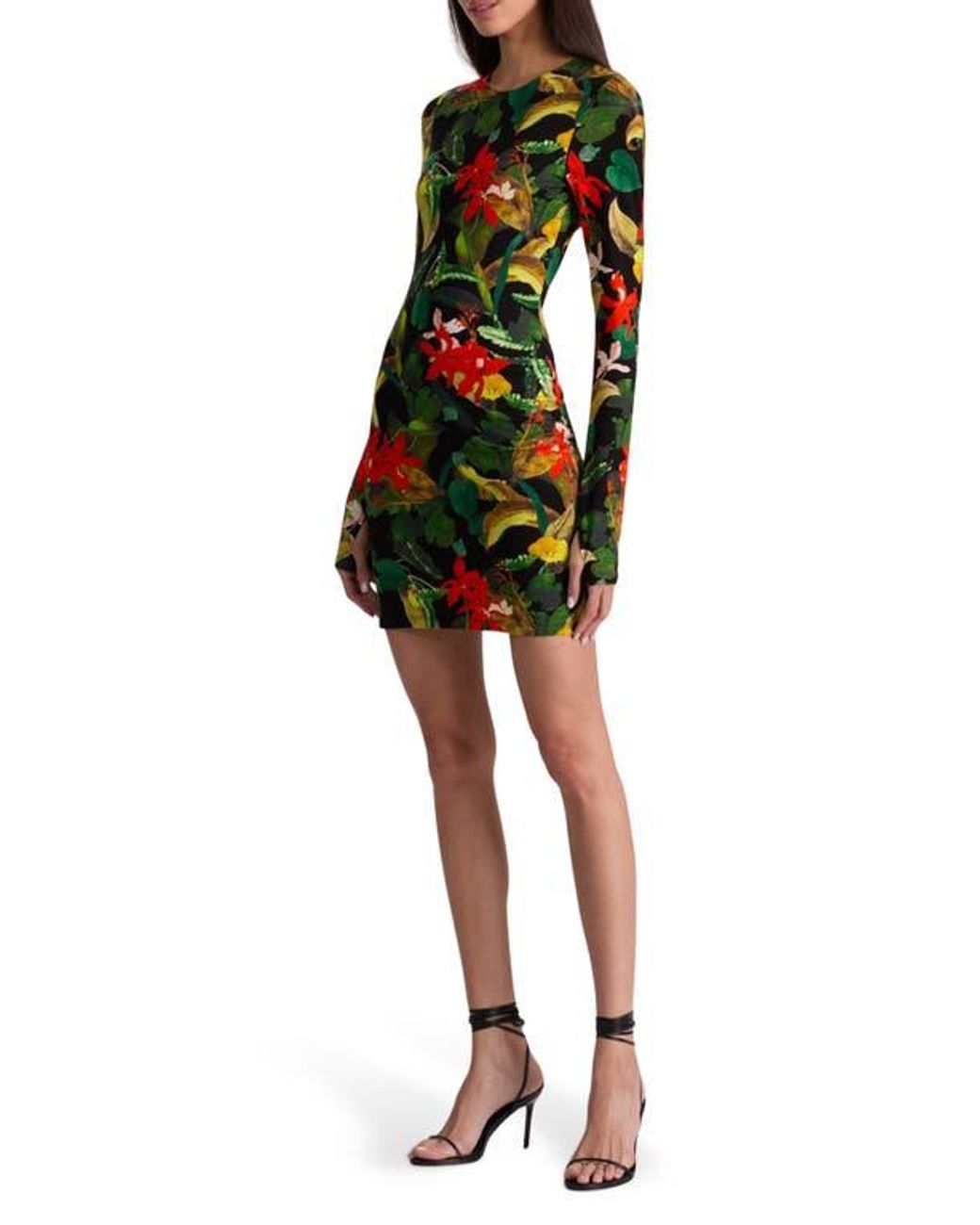 Alice + Olivia Delora Tropical Print Long Sleeve Minidress in Black | Lyst