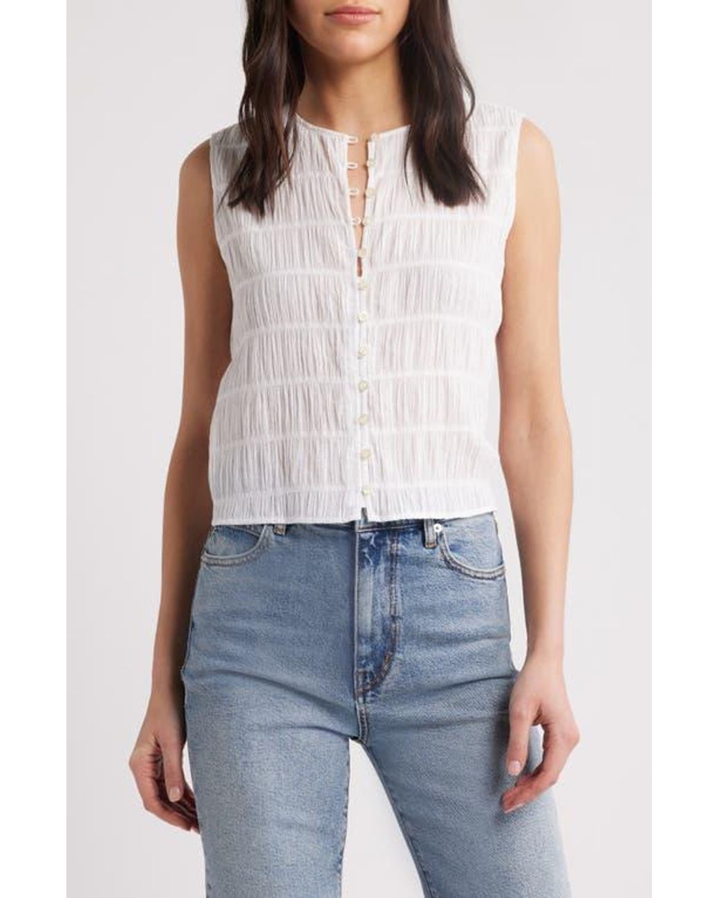 FRAME Blue The Smocked Button & Loop Tank