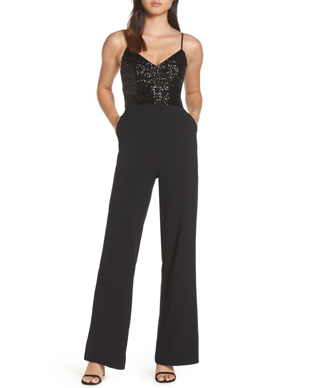 Eliza J Sequin Embellished Jumpsuit in Black