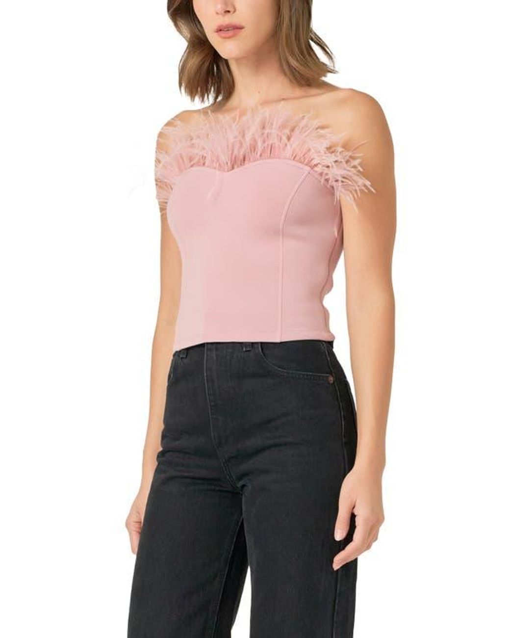 Endless Rose Red Feather Trim Strapless Top