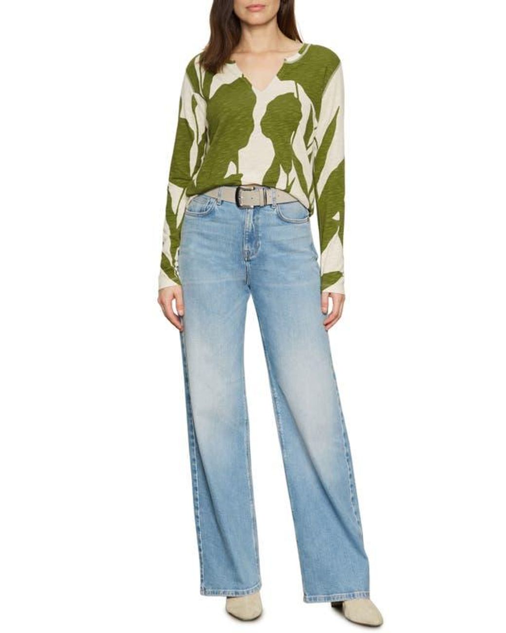 Sanctuary Green Print Split Neck Knit Top