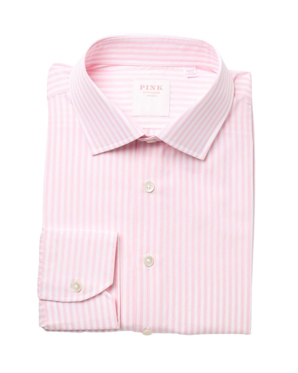 Thomas Pink Cotton Bengal Wide Stripe Dress Shirt in Pale Pink/White ...