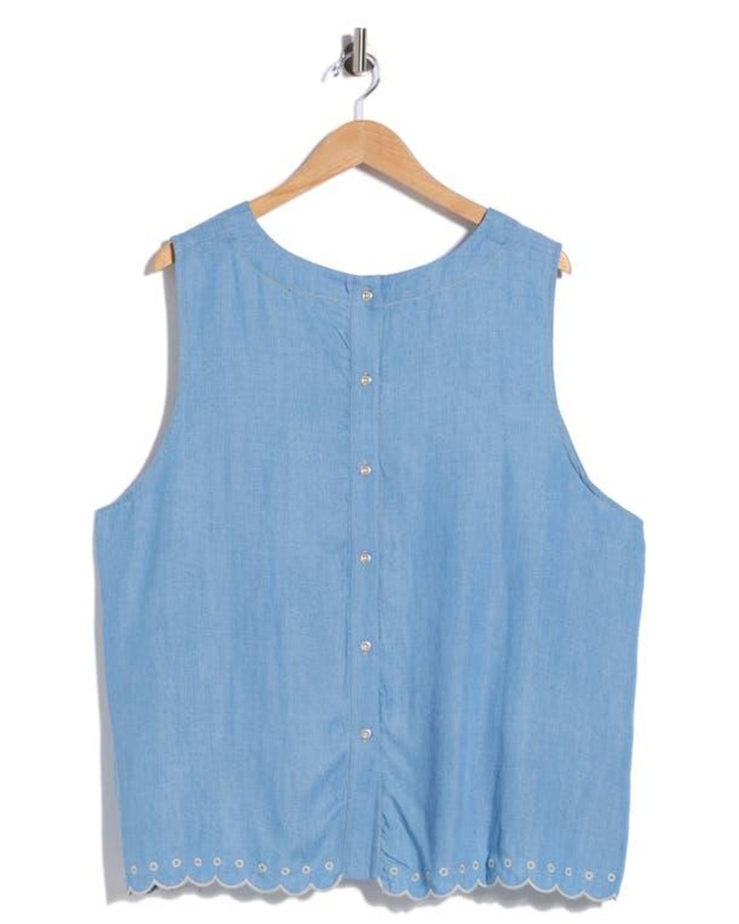 Tahari Blue Embroidered Eyelet Hem Chambray Shell