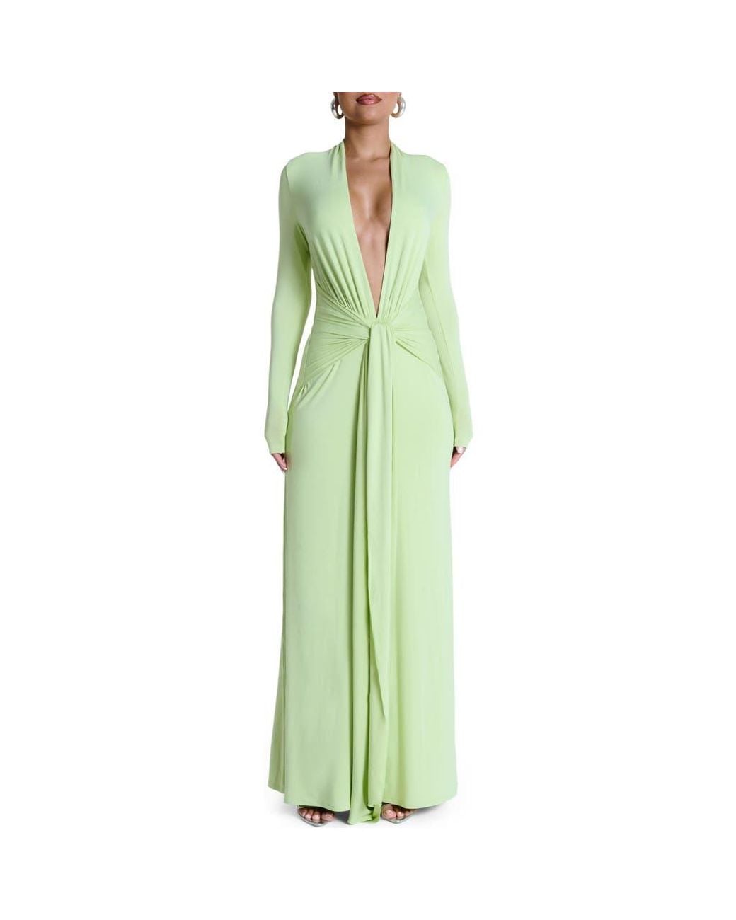 naked green dress Ieena for Mac Duggal Sequined Long Sleeve Open Back Ruched Dress In main image 0