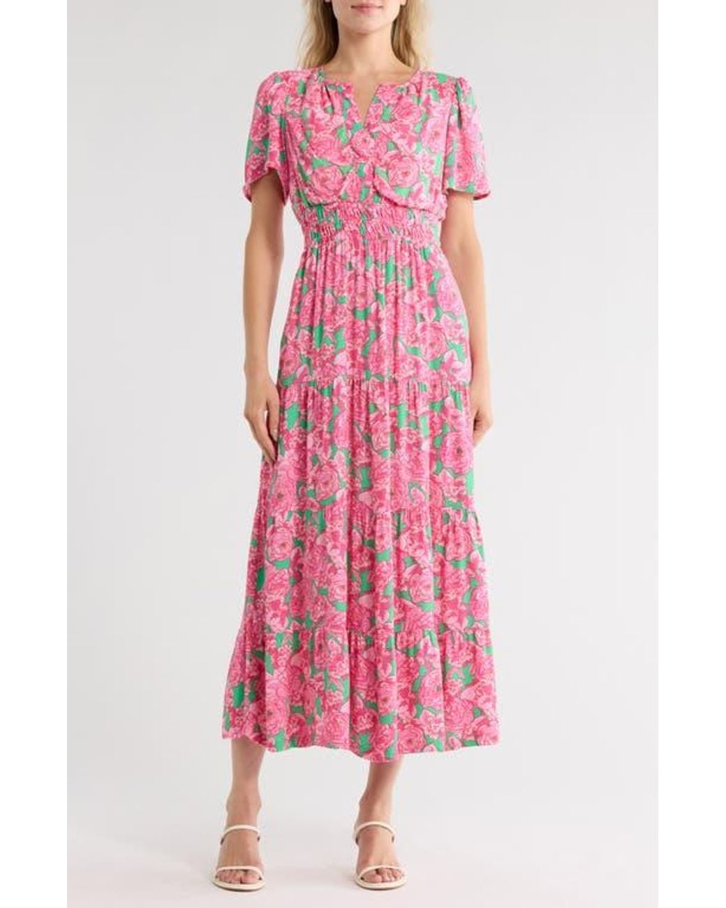 Love By Design Rio Short Sleeve Tiered Maxi Dress in Pink | Lyst