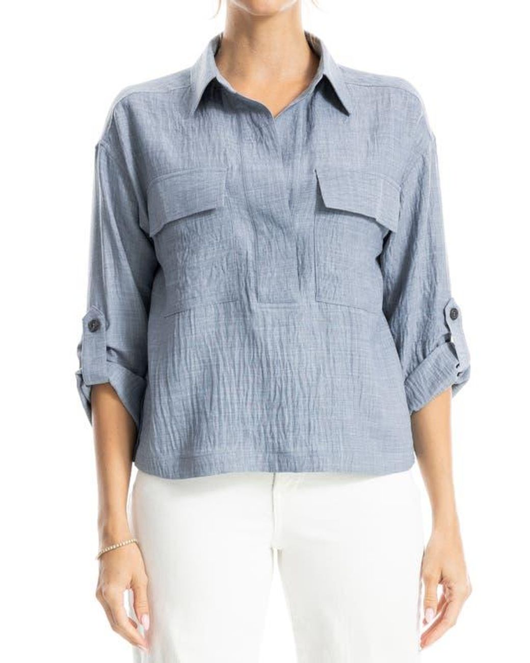 Max Studio Blue Collared Textured Shirt