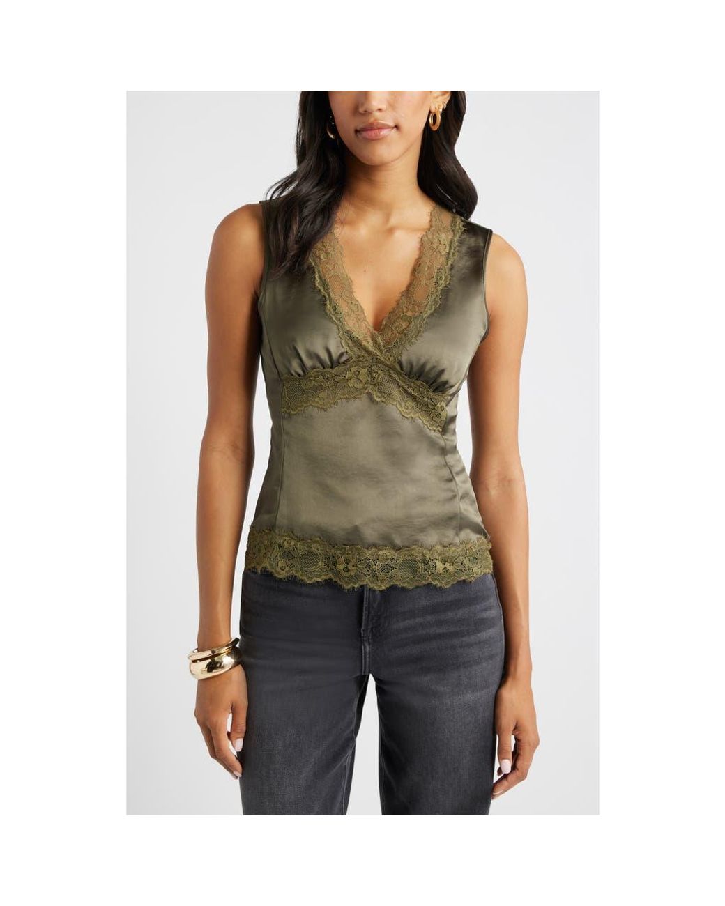 Open Edit Lace Trim Satin Tank in Green | Lyst