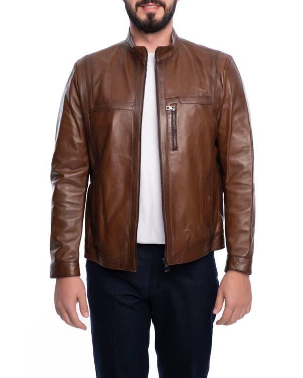 VELLAPAIS Brown Lisbon Leather Jacket for men