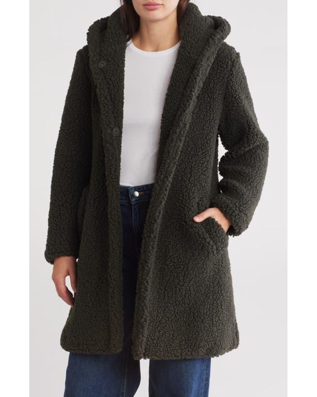 Lucky Brand Teddy Faux Shearling Hooded Coat in Black Lyst
