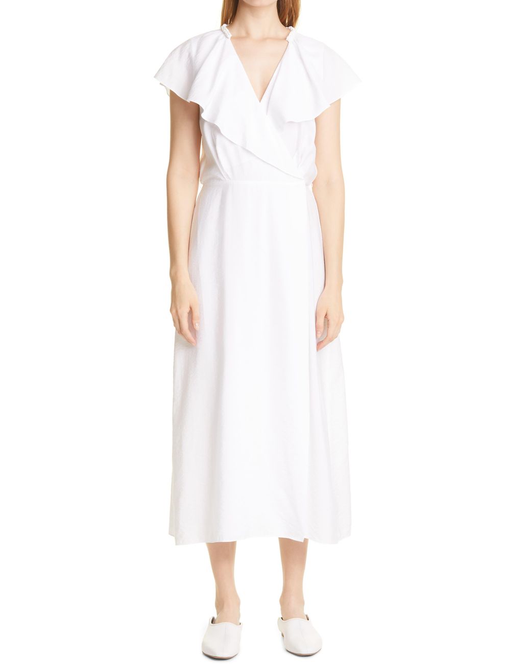 Vince Braid Trim Flutter Sleeve Wrap Front Dress in White | Lyst