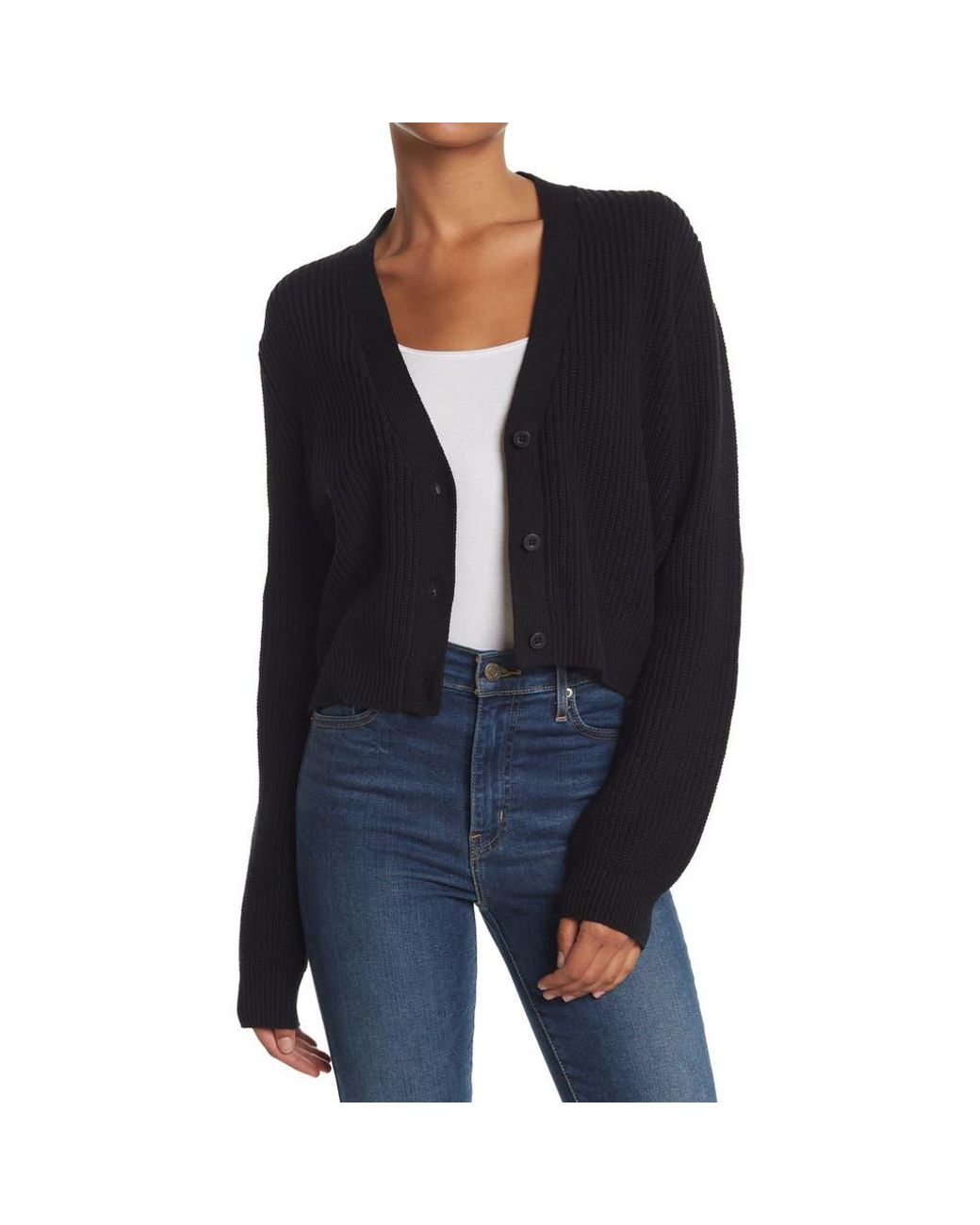 Melrose and Market Button Up Cropped Knit Cardigan in Black Lyst