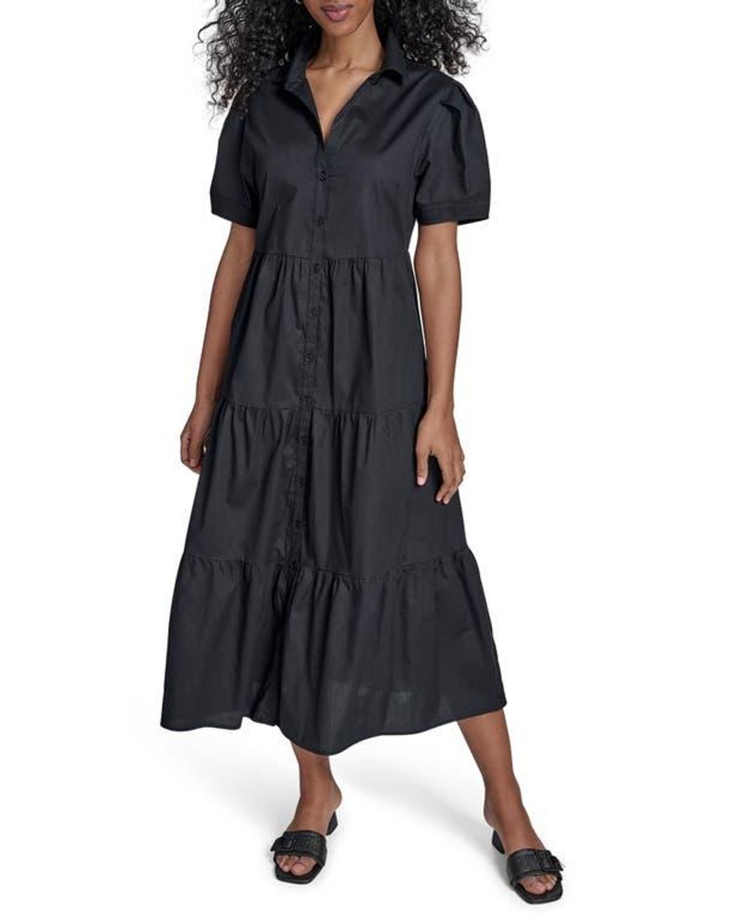 Calvin Klein Short Sleeve Cotton Tiered Maxi Dress in Black