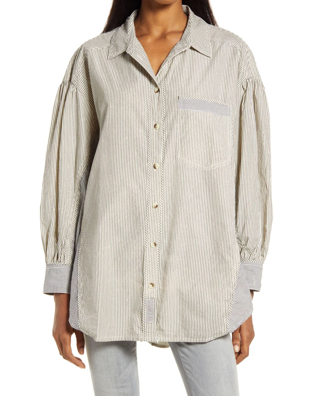 Free People Happy Hour Multicolor Stripe Oversize Oxford Shirt in White ...