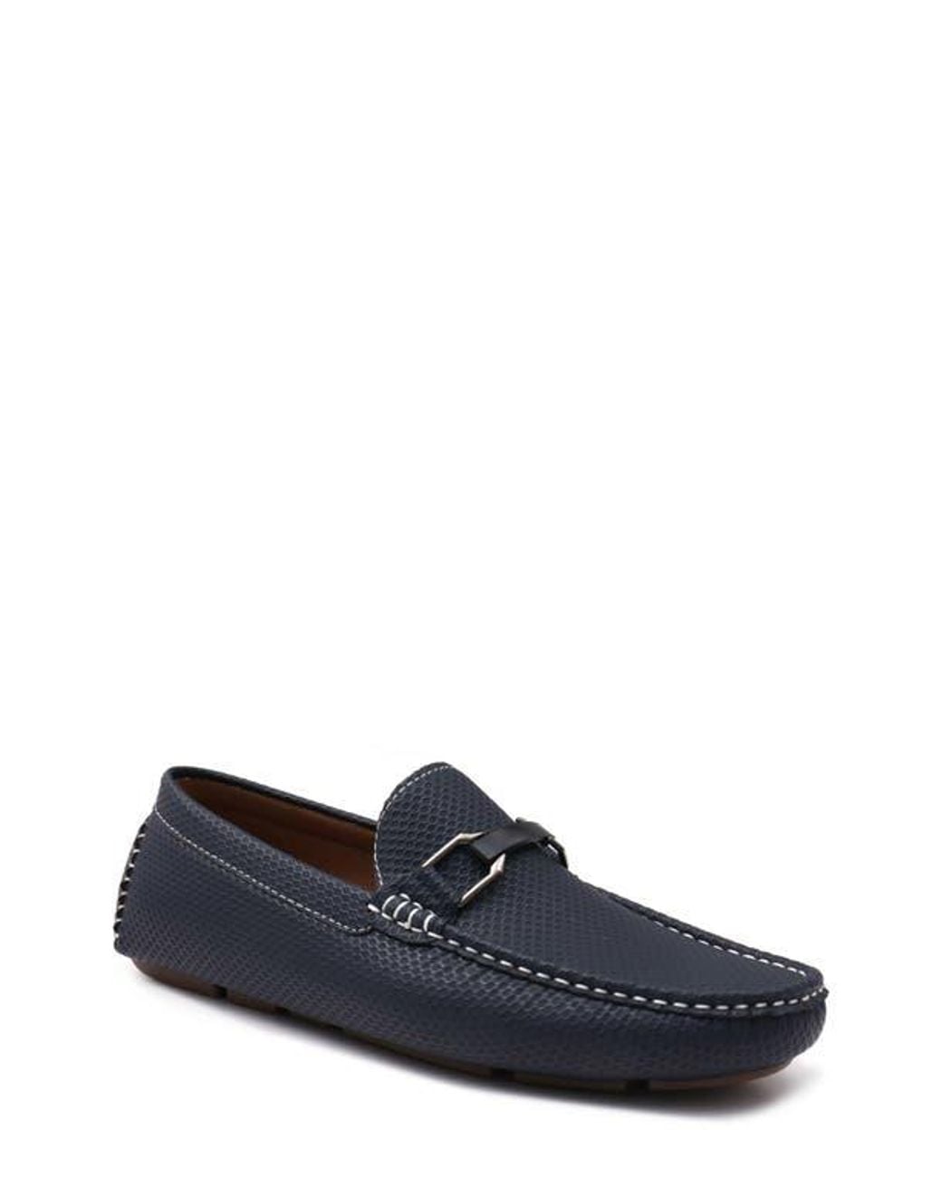 Aston Marc Blue Navy Textured Faux Leather Moc-Toe Loafers for men