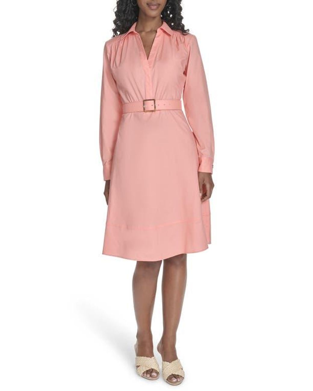 Calvin Klein Belted Long Sleeve Dress in Orange | Lyst