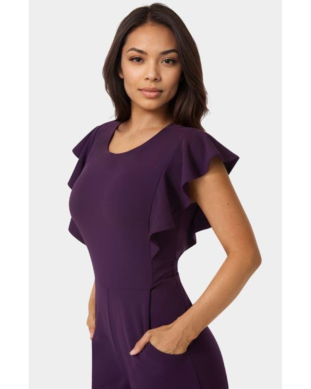 Bebe Purple Ruffle Scuba Jumpsuit