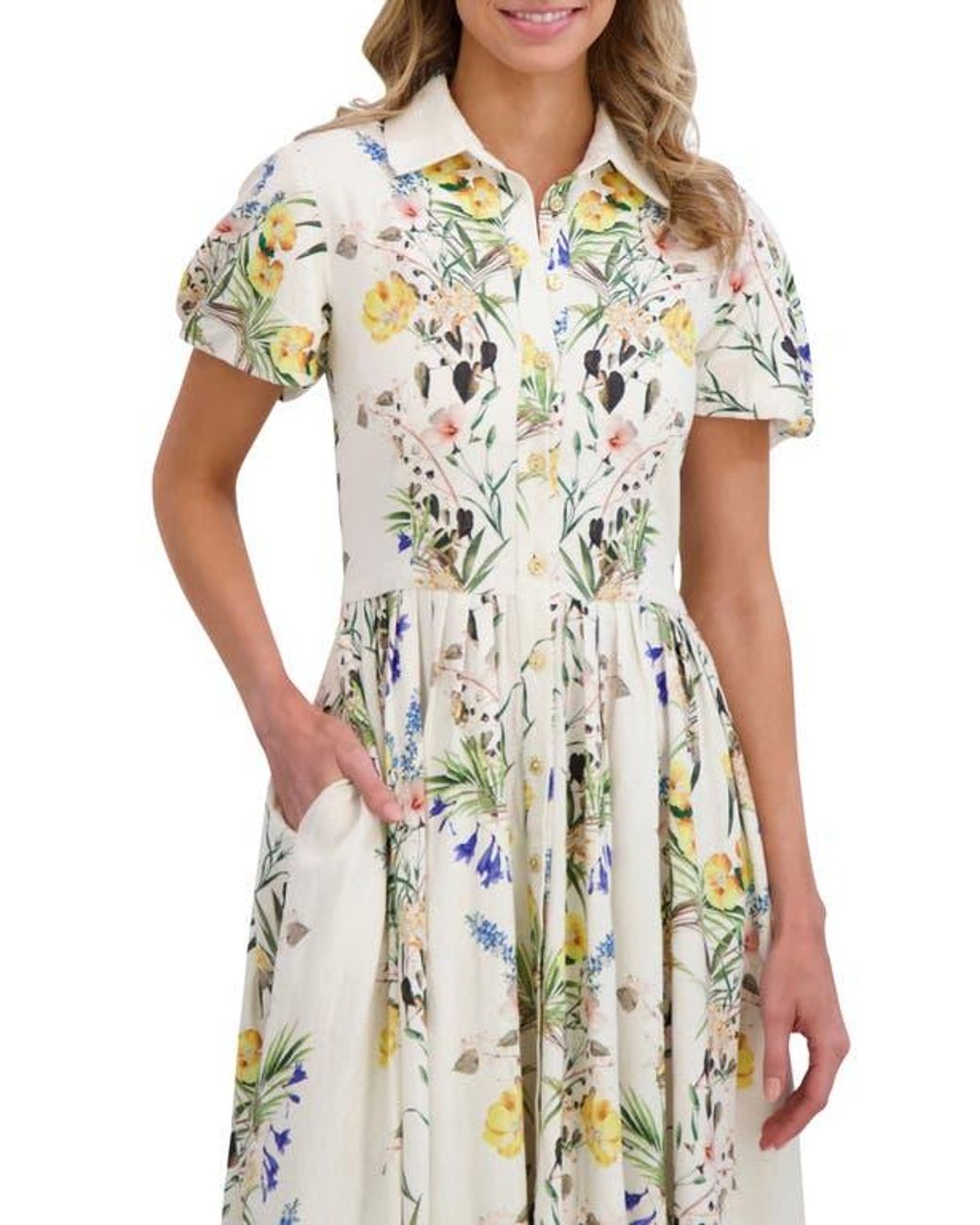 Ted Baker Floral Short Sleeve Linen Midi Shirtdress in Natural | Lyst