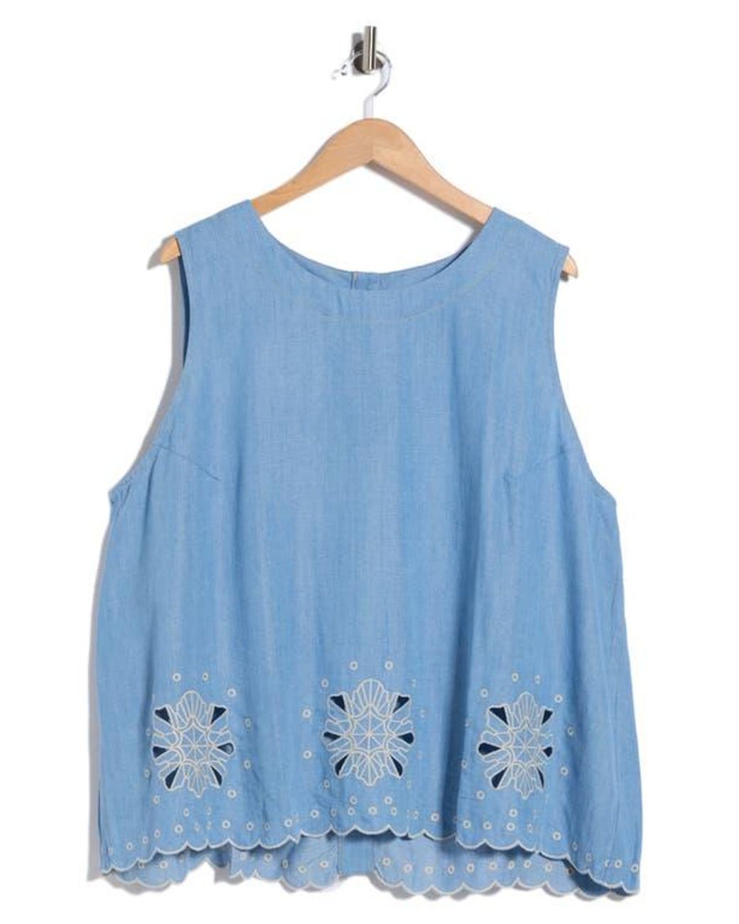 Tahari Blue Embroidered Eyelet Hem Chambray Shell