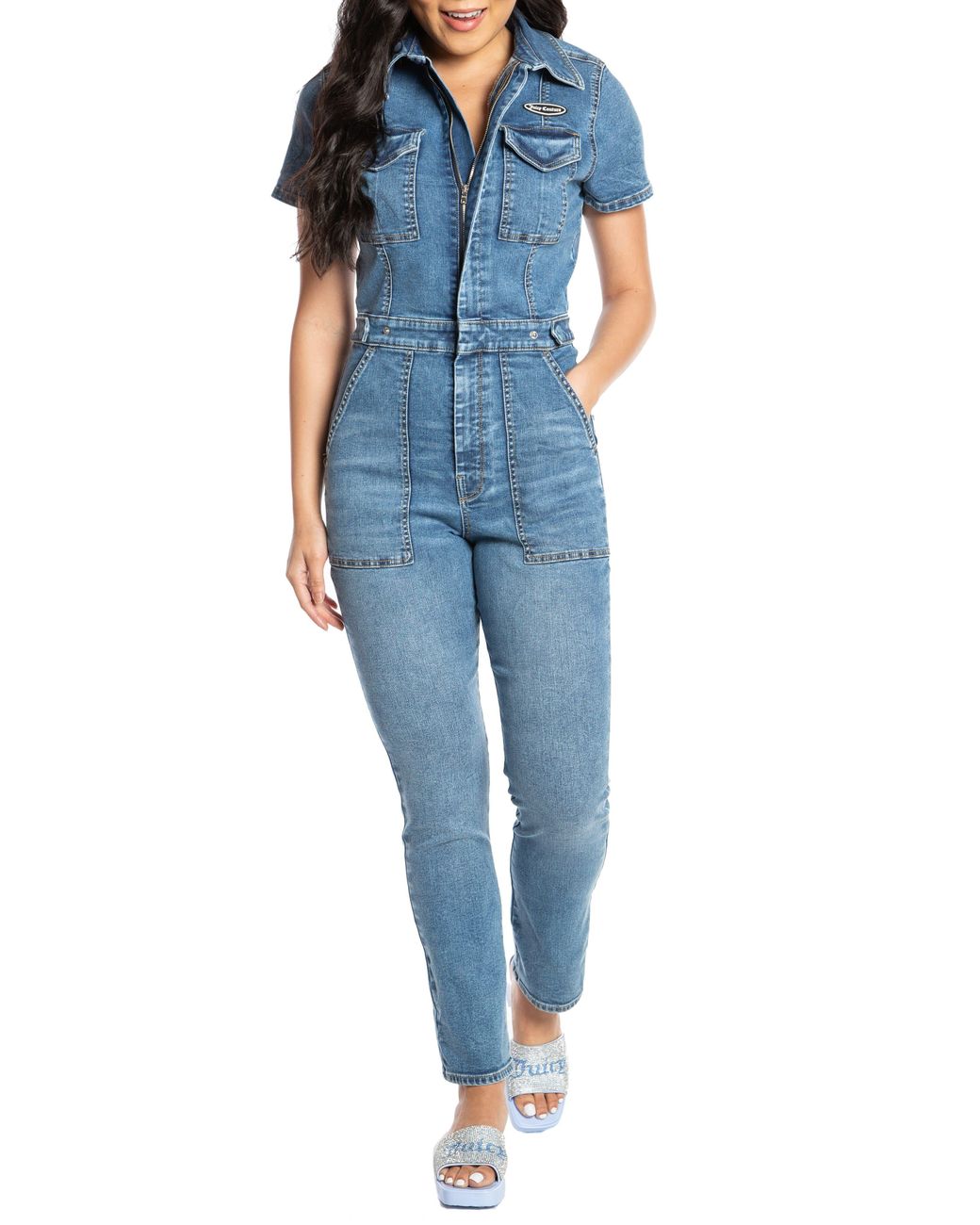 Juicy Couture Cindy Short Sleeve Denim Jumpsuit in Blue Lyst