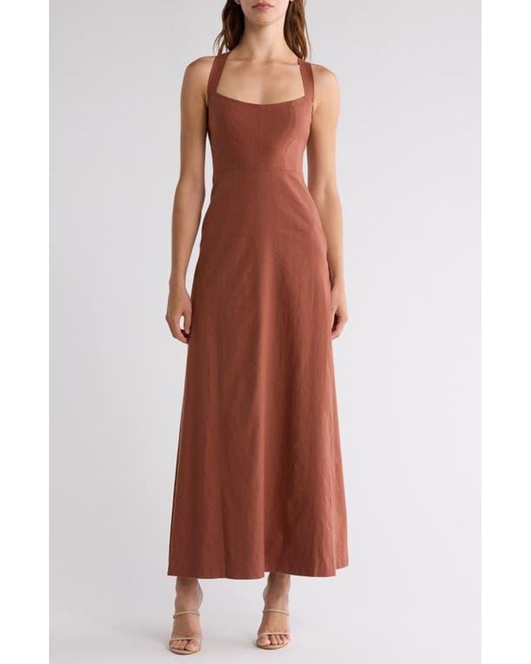 Theory Seamed Linen Blend Maxi Dress in Brown | Lyst