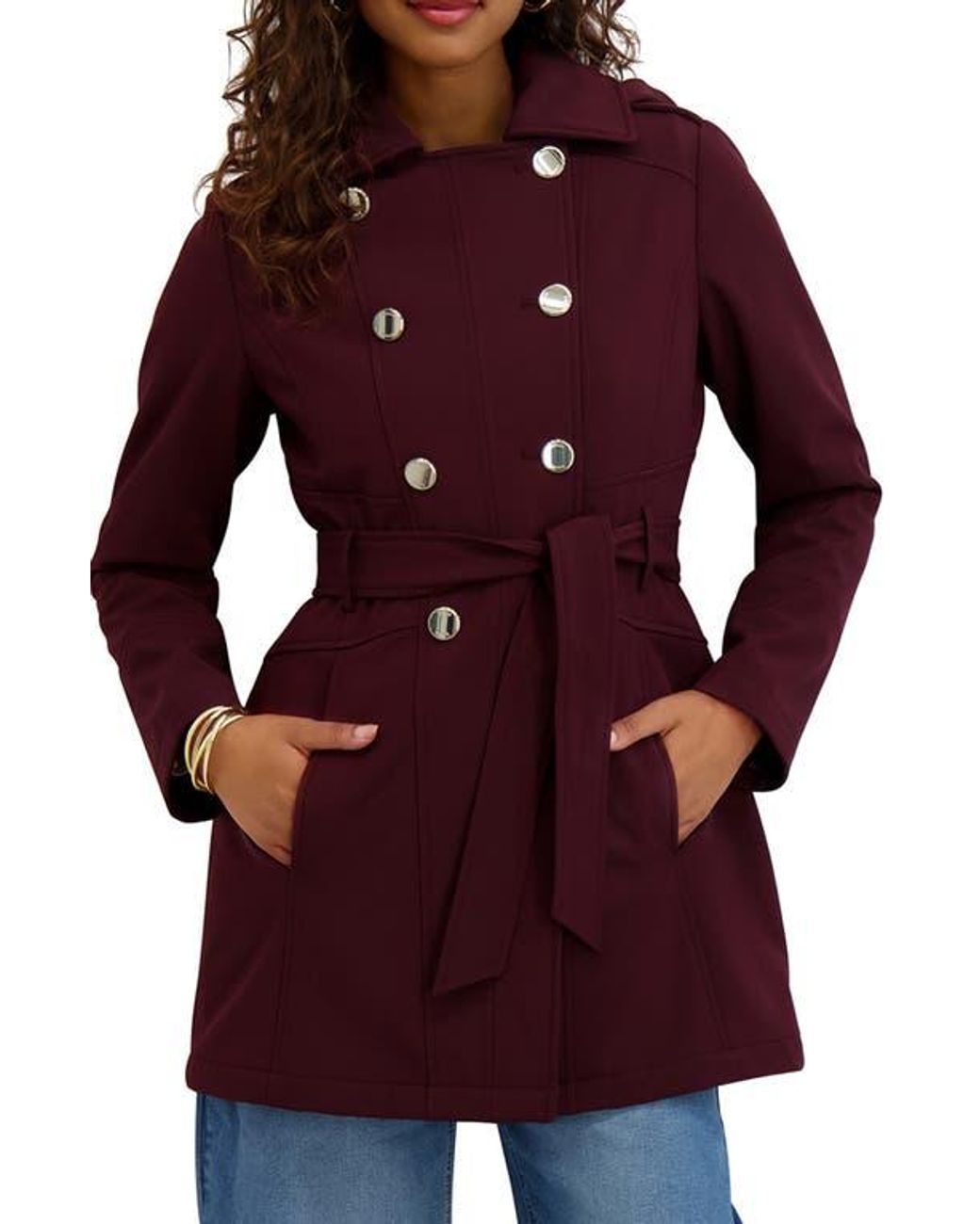 Kensie Red Hooded Double Breasted Soft Shell Jacket