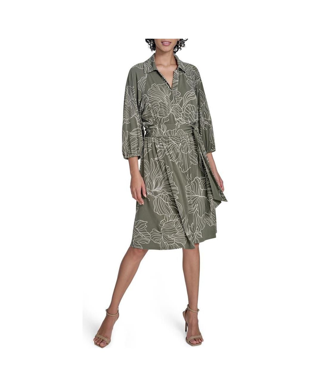 Calvin Klein Floral Balloon Sleeve Tie Waist Dress in Green | Lyst