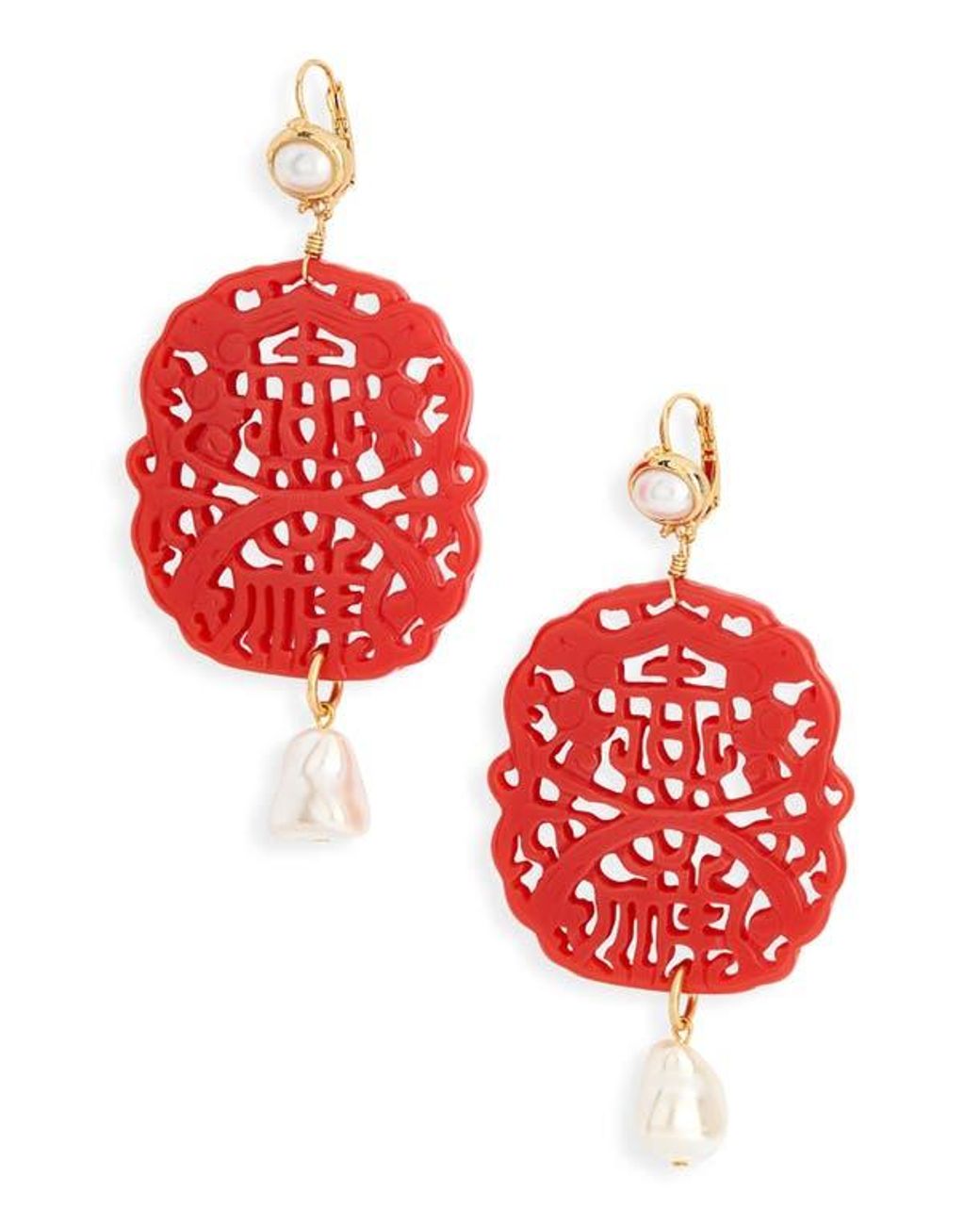 Kenneth Jay Lane Red Carved Stone Faux Pearl Drop Earrings