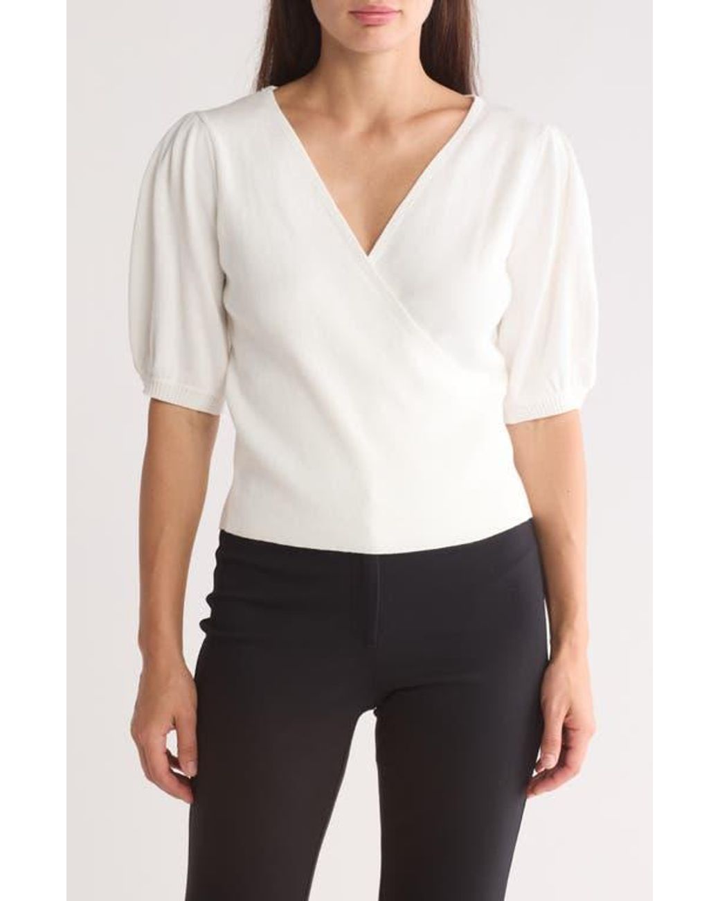 French Connection Puff Sleeve Faux-Wrap Cotton Top in White