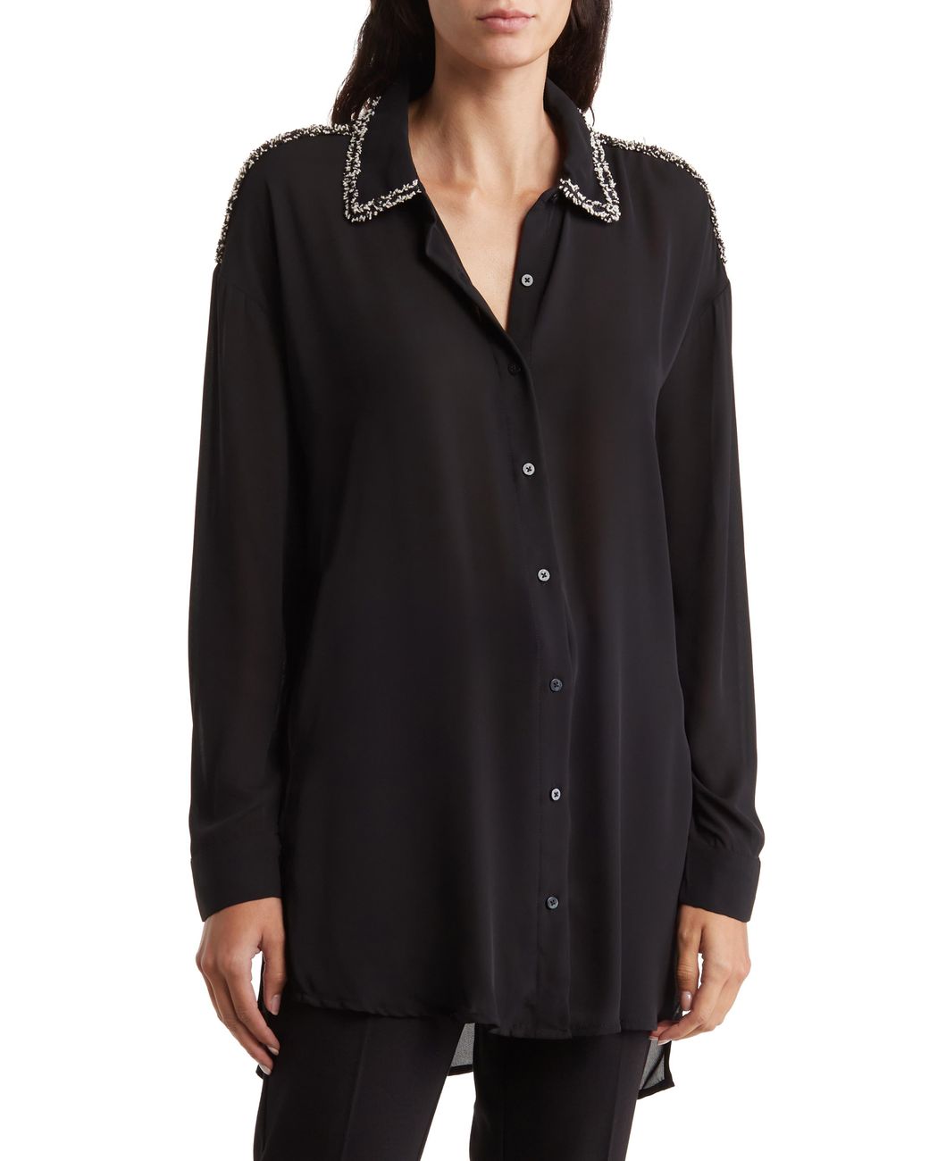 Ellen Tracy Button-up Tweed Trim Tunic Blouse in Black | Lyst