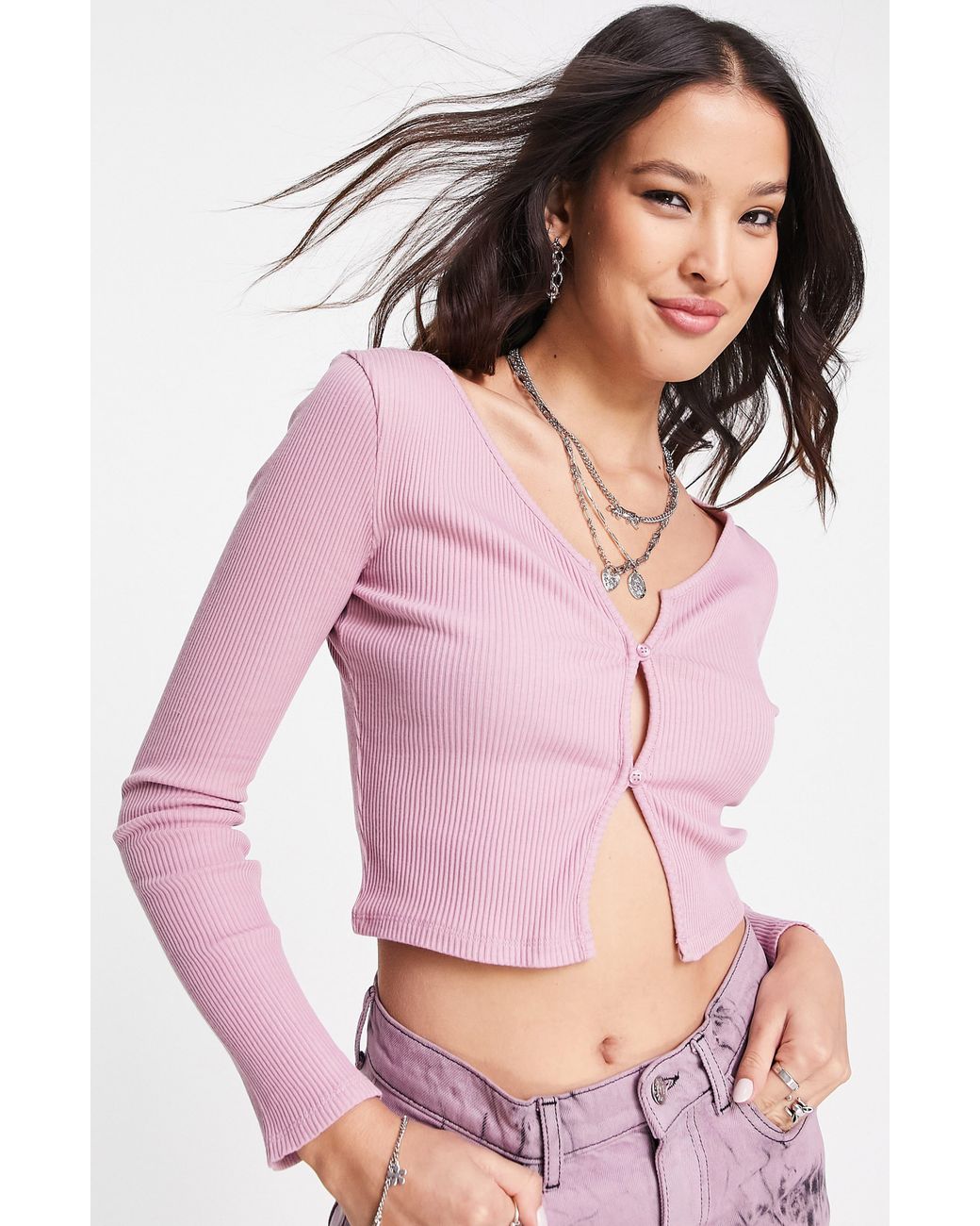 TOPSHOP Two-button Rib Crop Cardigan in Pink | Lyst