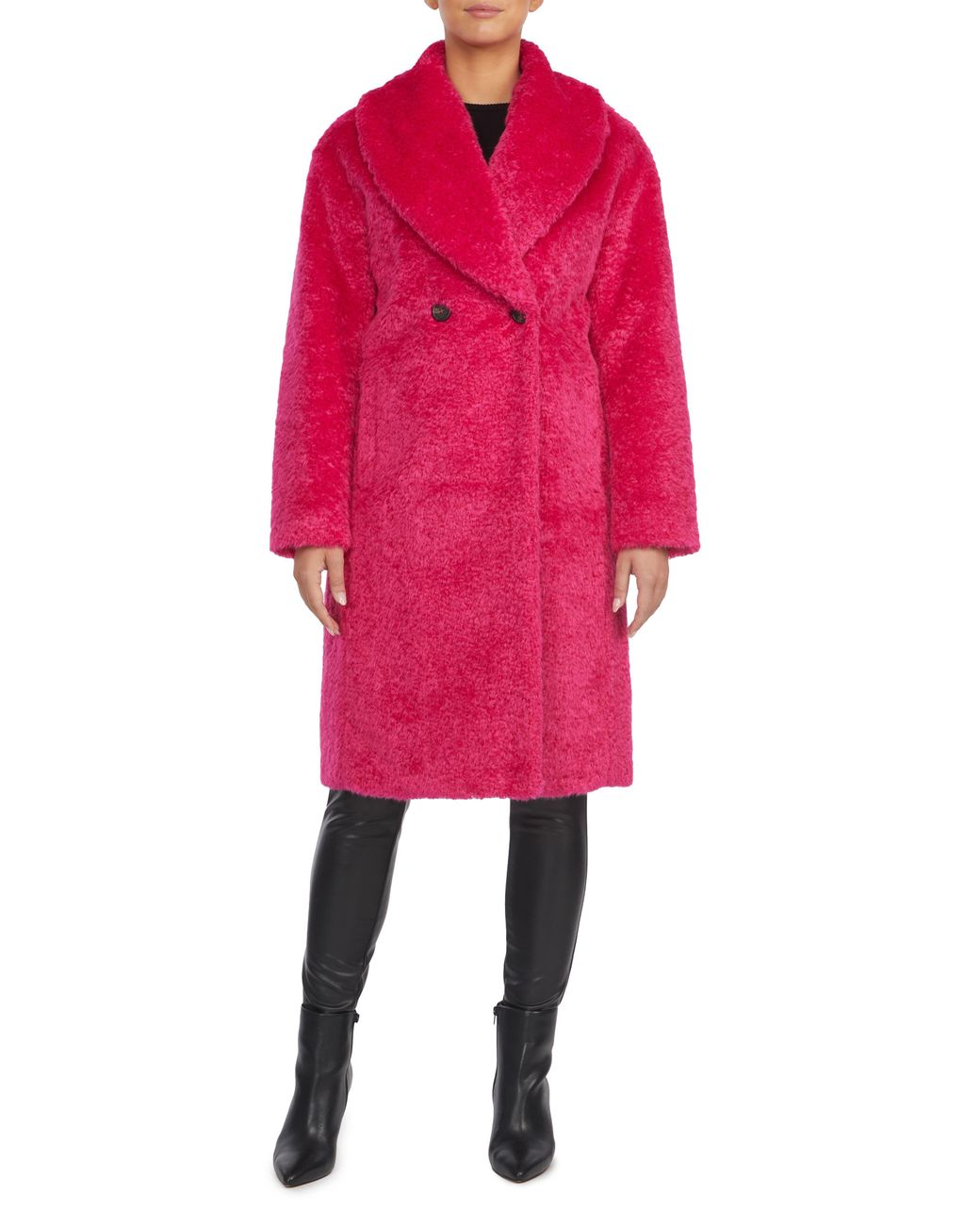 Badgley Mischka Rasha Double Breasted Faux Fur Coat In Fuscia At
