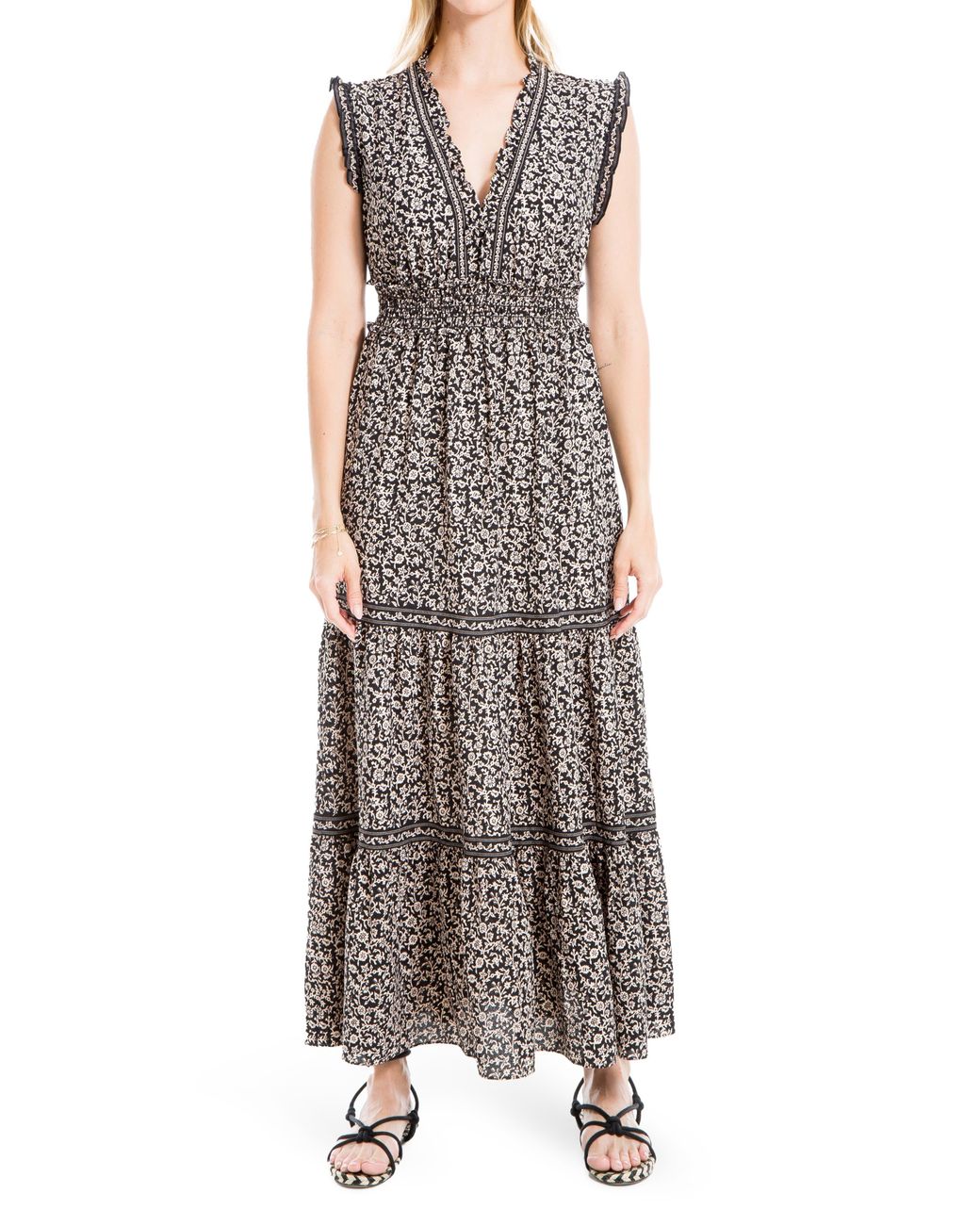 Max Studio Sleeveless Smocked Floral Print Tiered Maxi Dress In