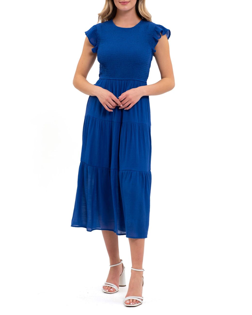 Blu Pepper Flutter Sleeve Smocked Tiered Midi Dress in Blue Lyst