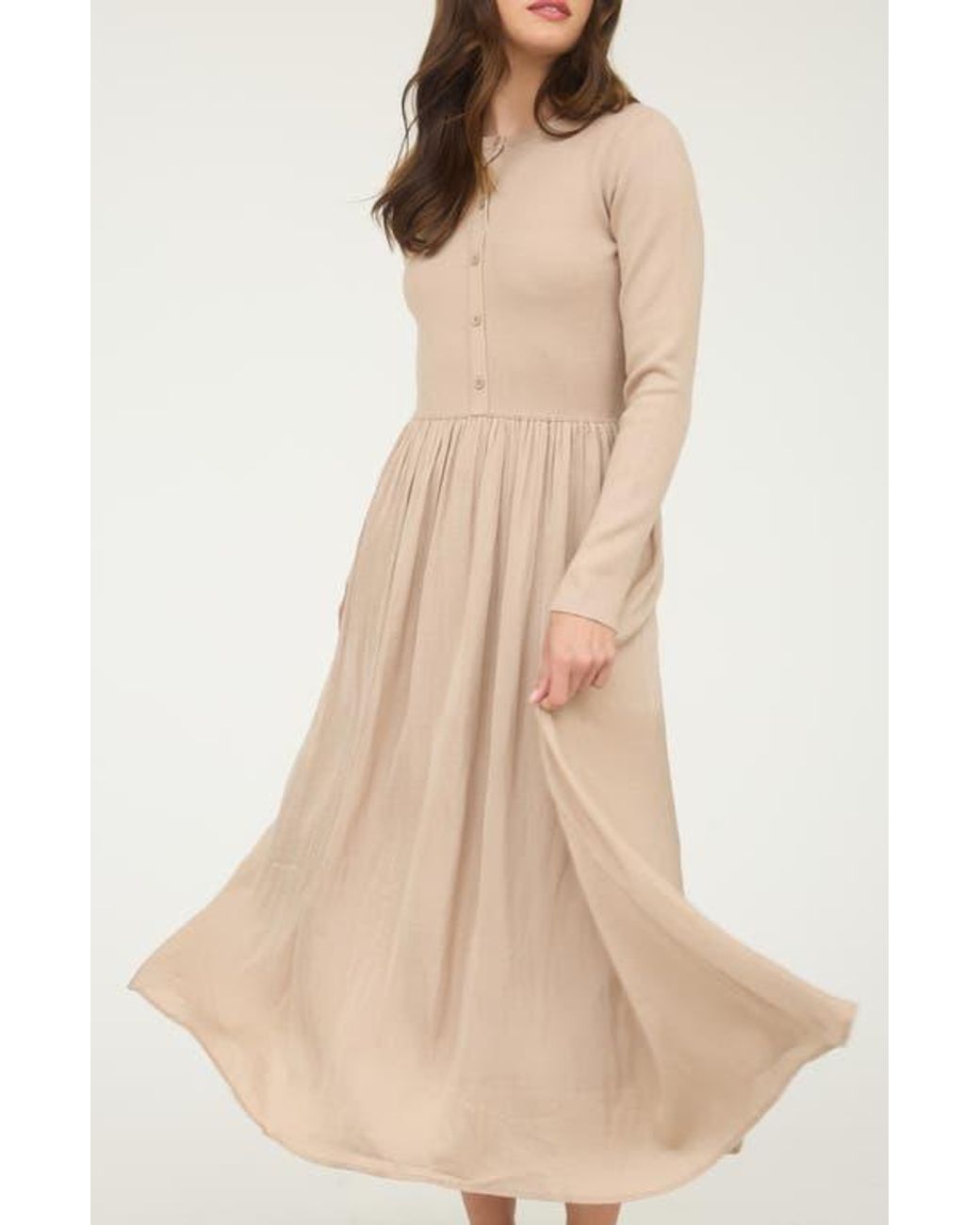 AUGUST SKY Mixed Media Long Sleeve Maxi Dress in Natural | Lyst