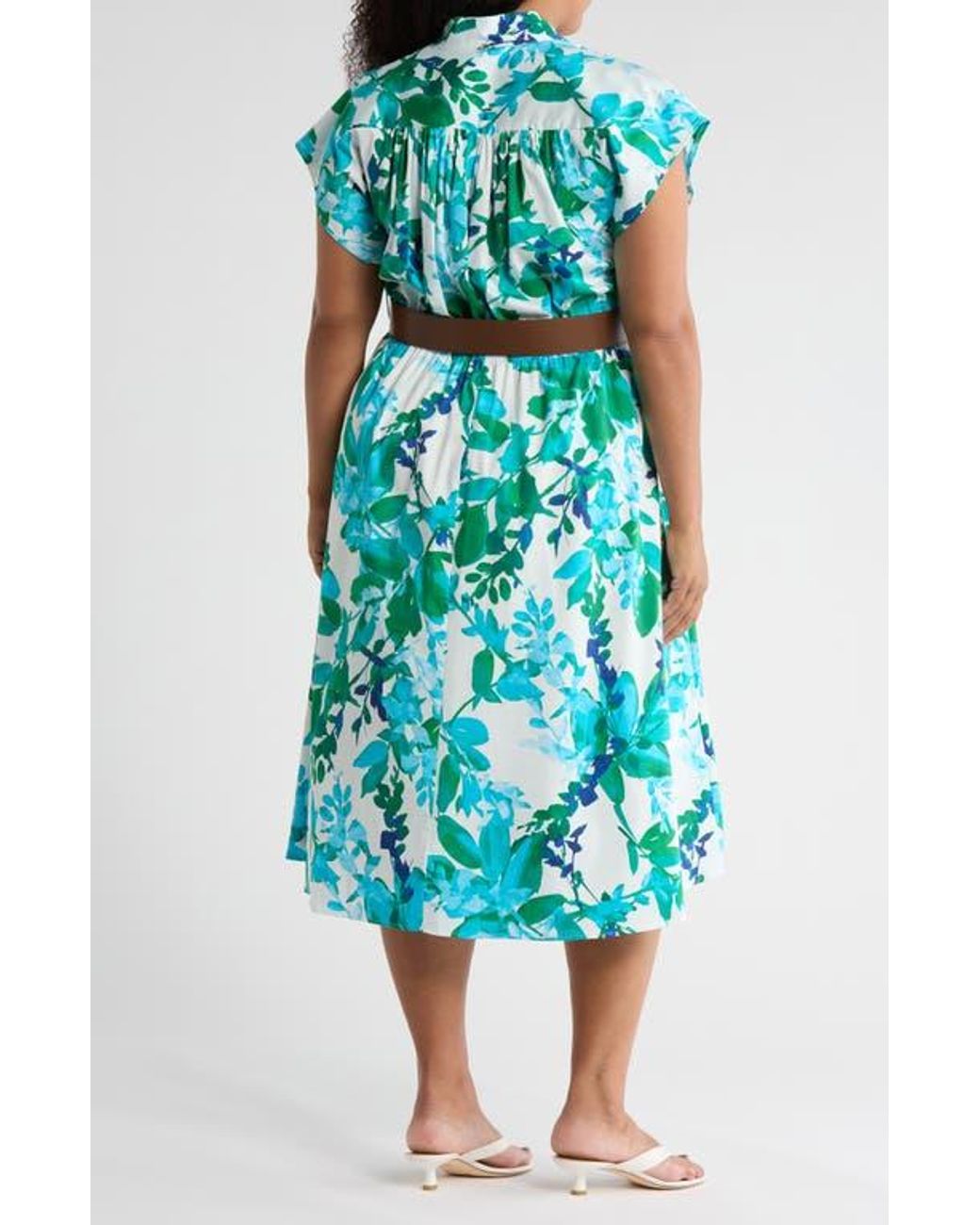 Calvin Klein Belted Stretch Cotton Midi Dress in Blue | Lyst