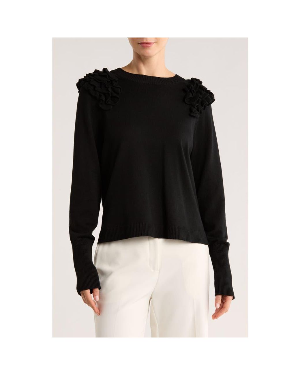 Democracy Ruffle Crewneck Sweater in Black | Lyst