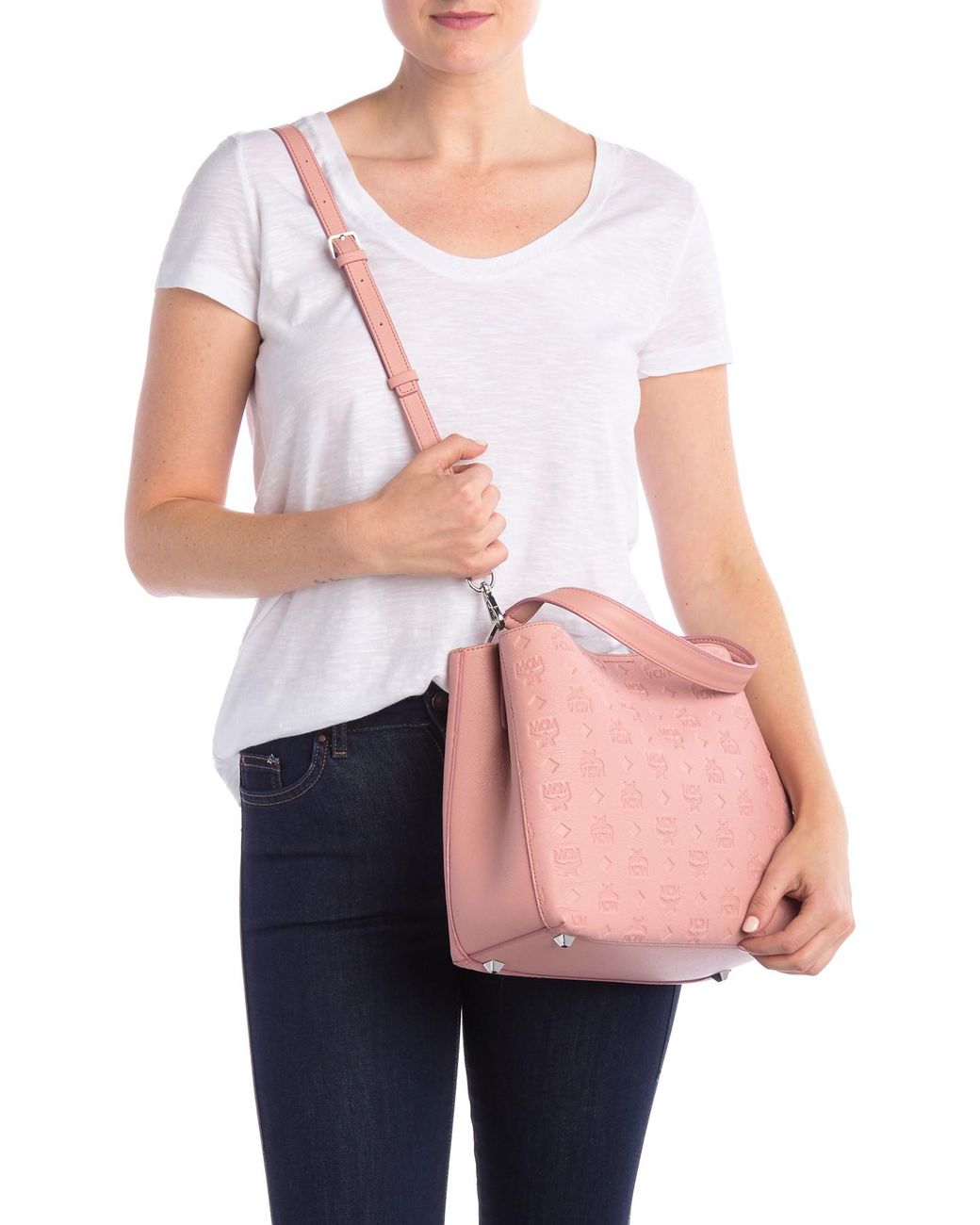 MCM Sarah Monogrammed Leather Hobo Bag in Pink